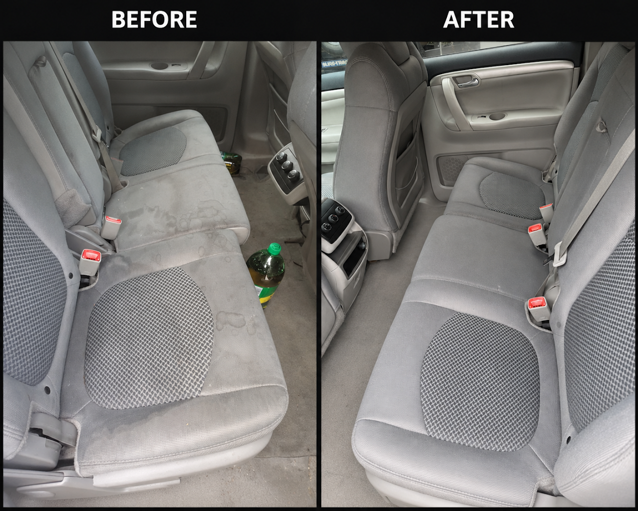Before and after detailing gray cloth seats